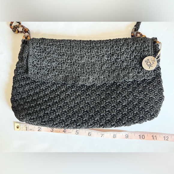 The Sak Black Crochet Flap Snap Closure Faux Tortoise Links Shoulder Mini Bag - Picture 9 of 11
